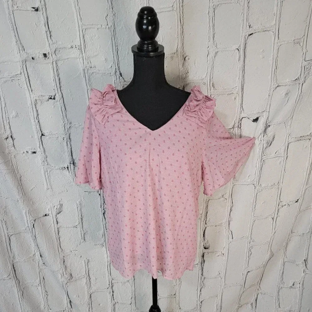 BLUSH Bell Sleeve Pink Swiss Dot Dressy Blouse with Ruffle Detail Womens L NWT - Picture 1 of 8